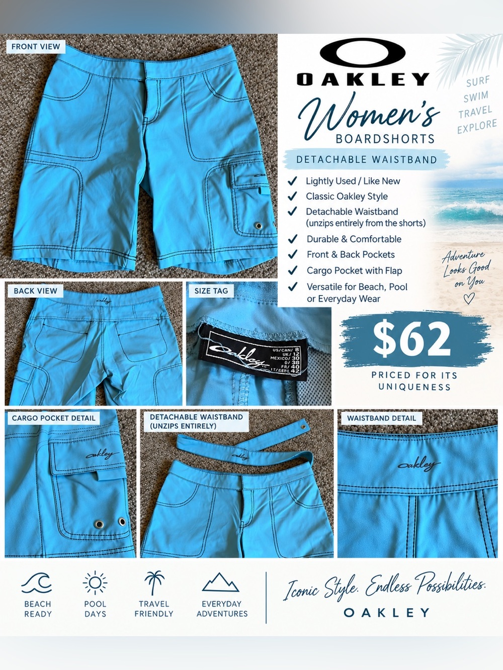 Oakley Women’s Bright Turquoise Boardshorts with Detachable Waistband